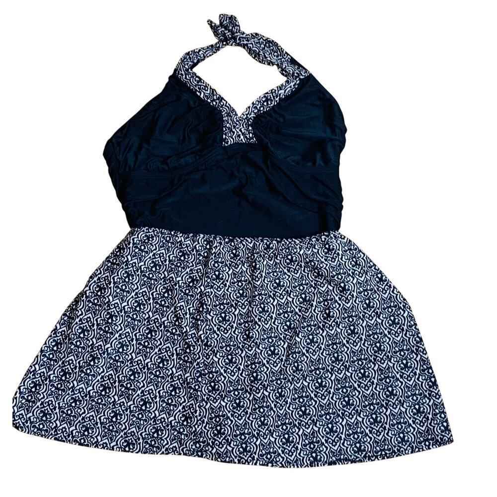 Cabana Life Black Grey Damask One-Piece Swimsuit & Skirt Set Size XL